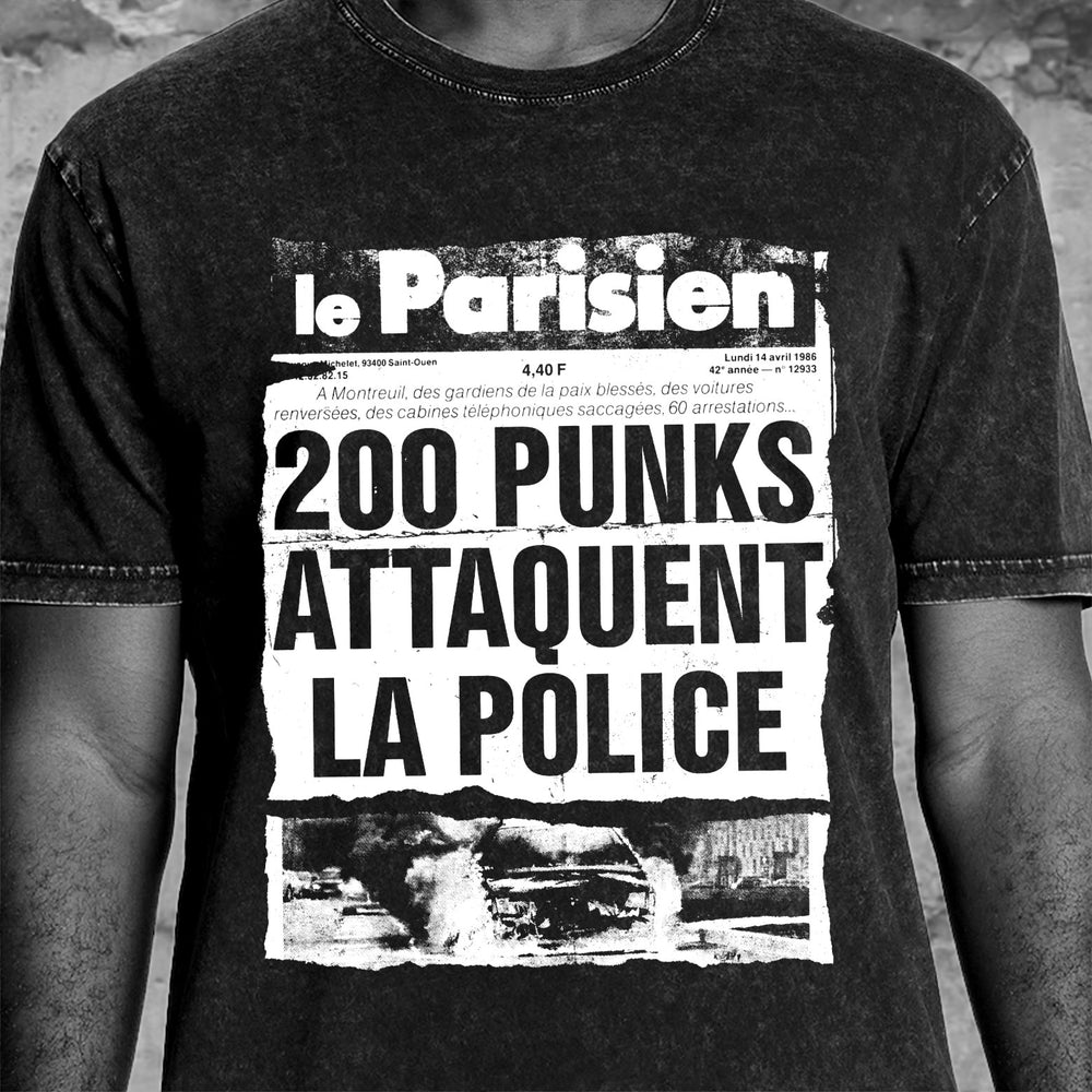 Tee shirt "200 punks attaquent la police", noir délavé (stonewash)