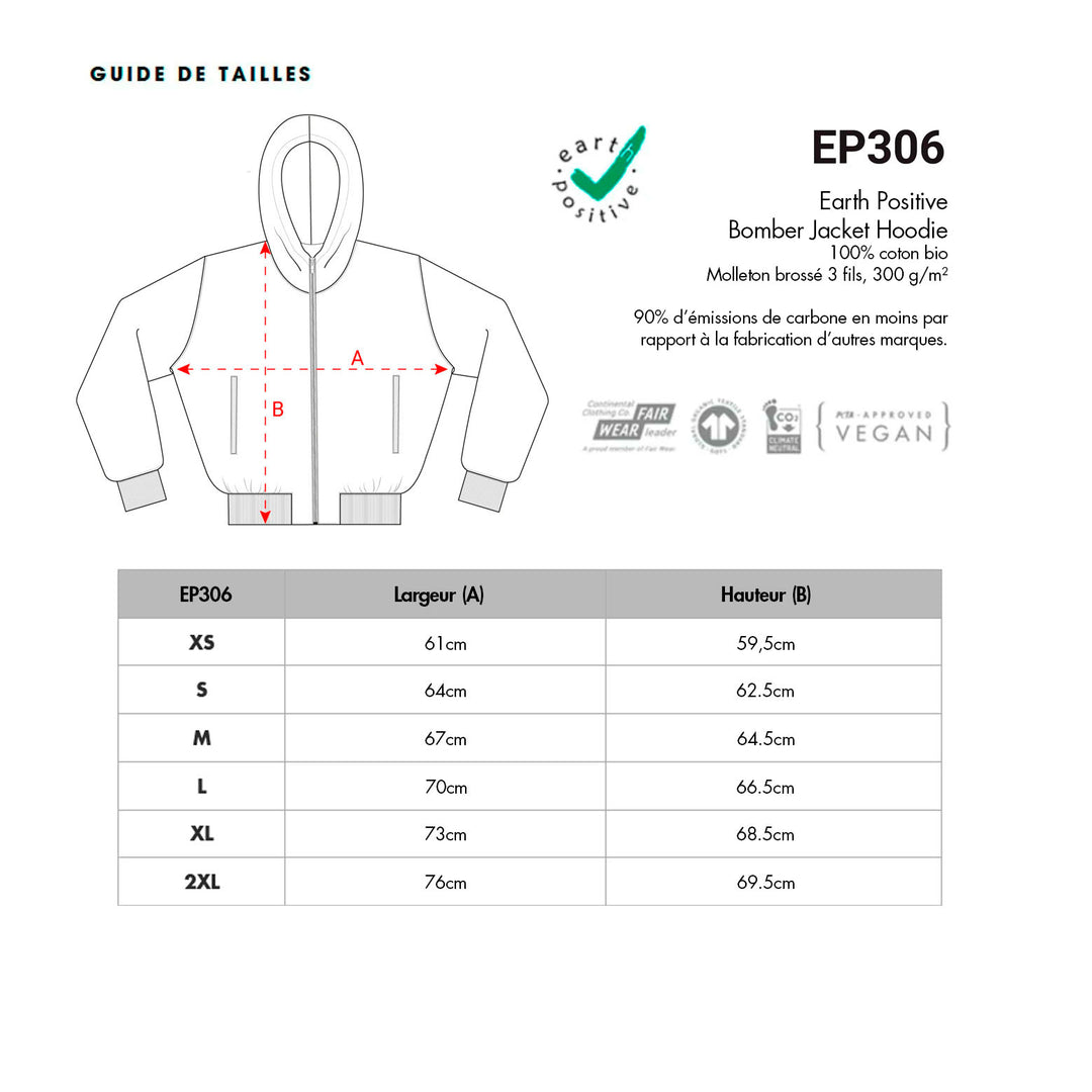 tableau des tailles pour le sweat zippé à capuche EP306