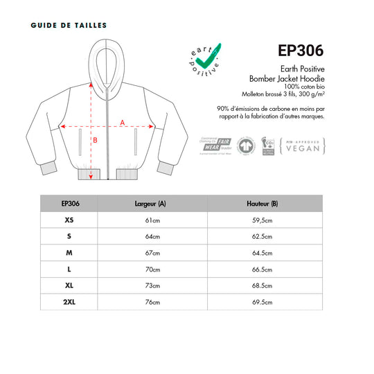 tableau des tailles pour le sweat zippé à capuche EP306