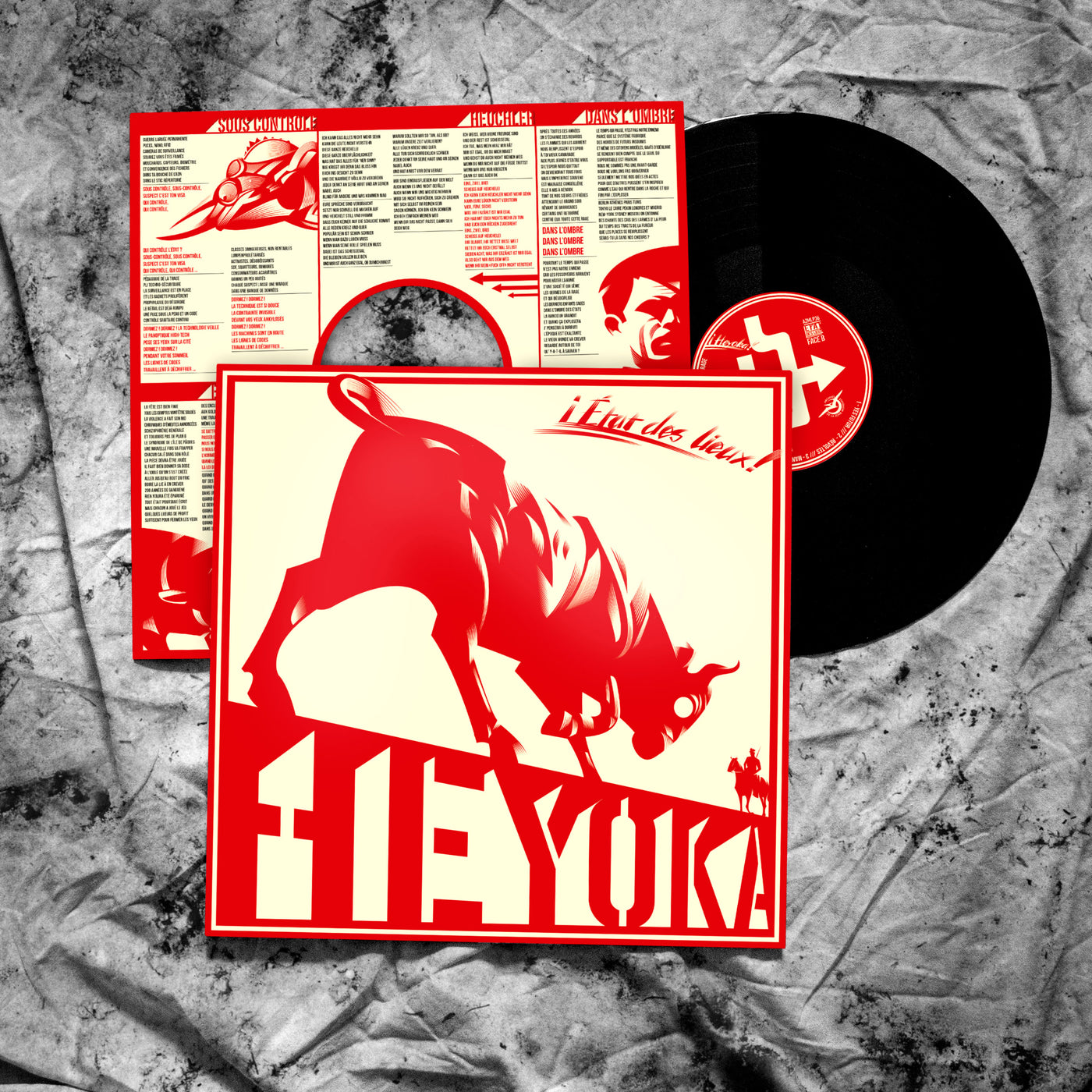 vinyle de l'album "Etat des lieux" du groupe Anarchopunk HEYOKA sorti en 2012 : vinyle noir, sous-pochjette trouée imprimée avec paroles et illustrations. Pochette avec finition satiné.