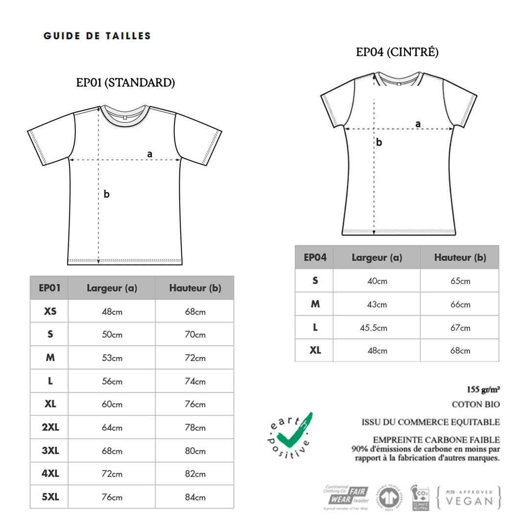 Guide des tailles T-Shirt EP01 (standard) et EP04 (cintré) de marque Eart Positive (100% coton bio et équitable), 155g