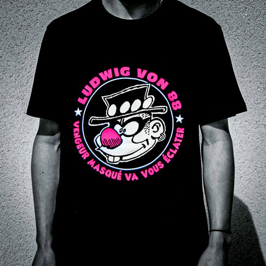 Tshirt Ludwig Von 88 "vengeur masqué", serigraphie blanc et rose sur Tshirt Noir