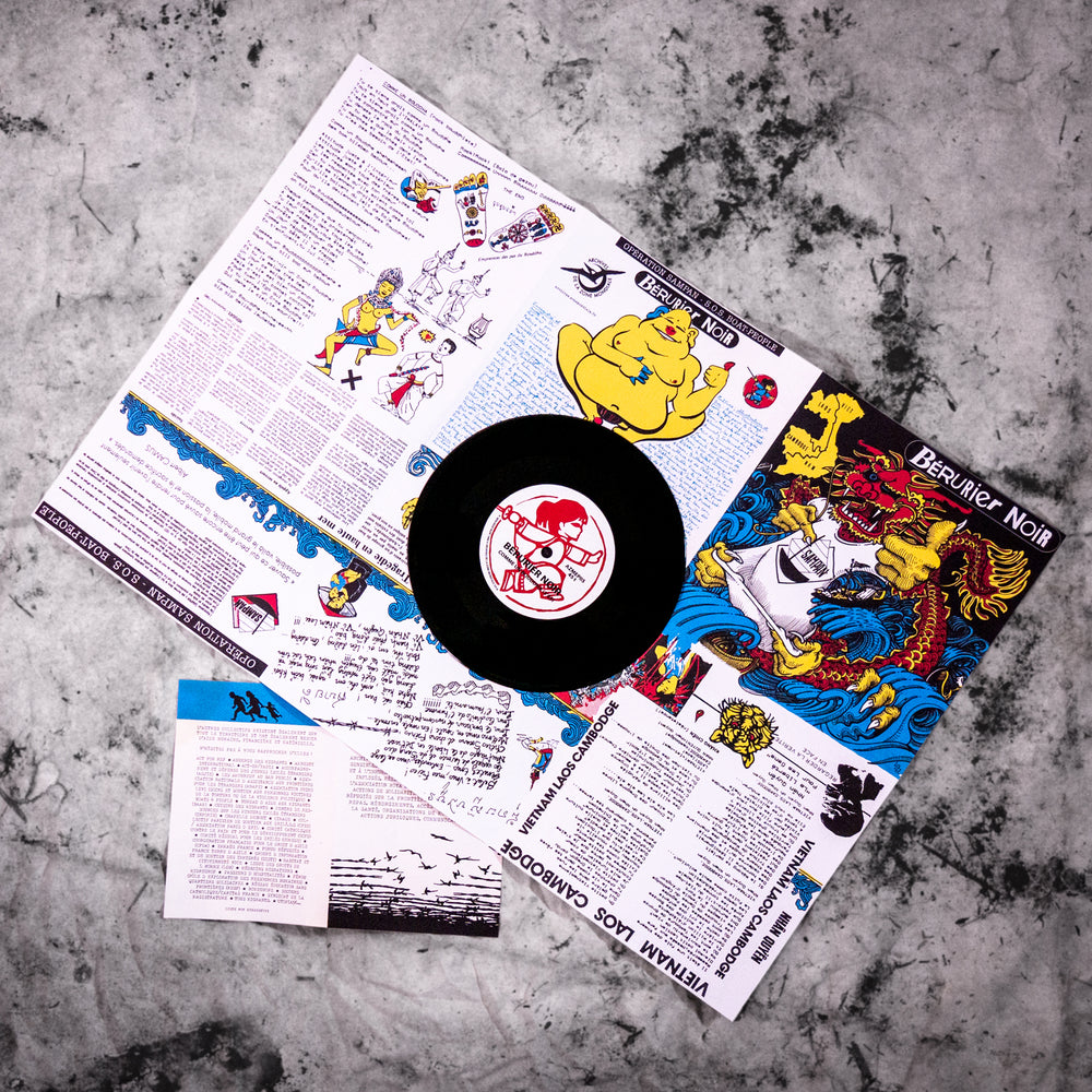 vinyle 45 tours "Vietnam Laos Cambodge" de Bérurier noir ; poster dépliant avec paroles et dessins