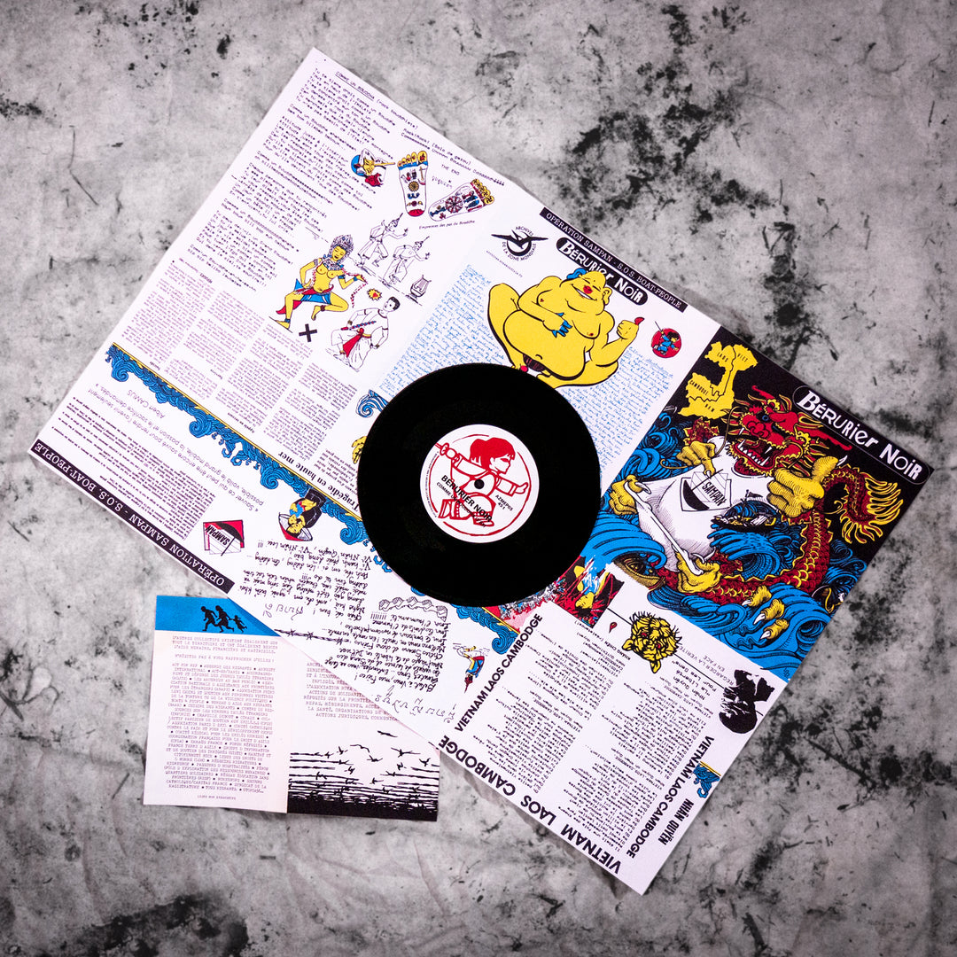 vinyle 45 tours "Vietnam Laos Cambodge" de Bérurier noir ; poster dépliant avec paroles et dessins