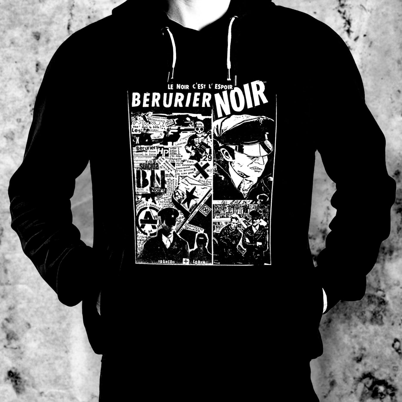 sweatshirt BERURIER NOIR 1983, visuel collage de photos et textes du groupe
