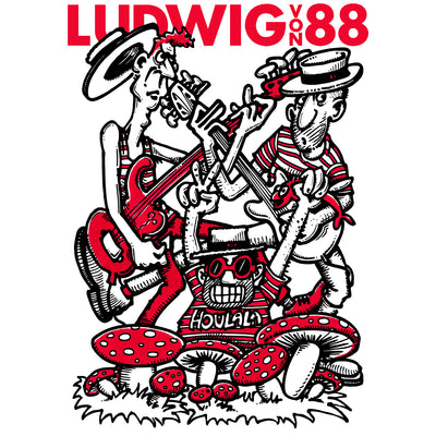 motif du Débardeur Ludwig Von 88 "Champignons" blanc, d'apres un dessin de LauL représentant les trois Ludwig en canotiers et des champignons vénéneux