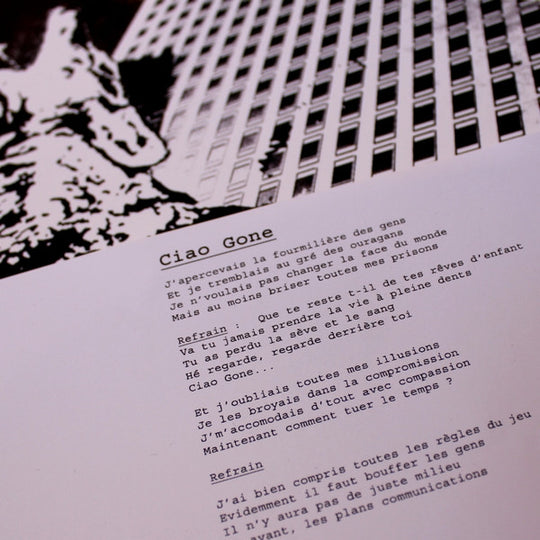 photo de la sous-pochette imprimée du vinyle "Sauvages" de HAINE BRIGADE avec les paroles du morceau "Cia Gone" : "J'apercevais la fourmillière des gens, Et je tremblais au gré des ouragans, Je n'voulais pas changer la face du monde, Mais au moins briser toutes mes prisons"...